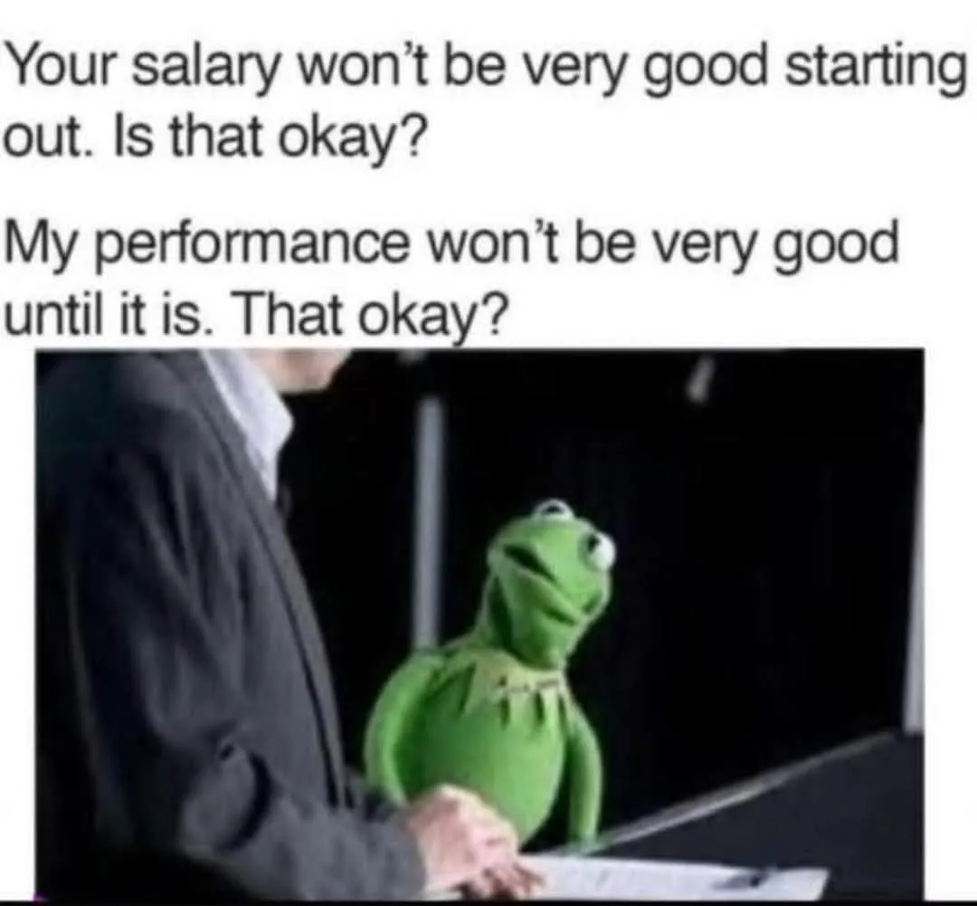 A green frog puppet, Kermit the Frog, sits beside a person in a suit who is holding papers. The text above reads: 'Your…