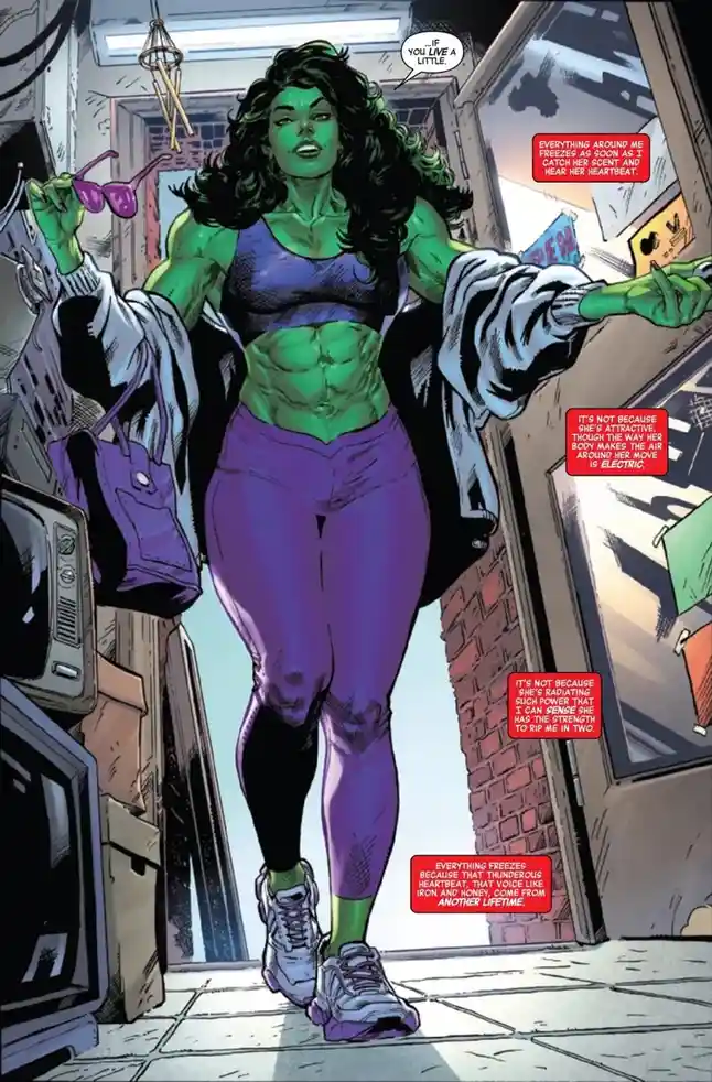 A comic book panel shows She-Hulk walking confidently through a cluttered alleyway, holding sunglasses and a jacket…