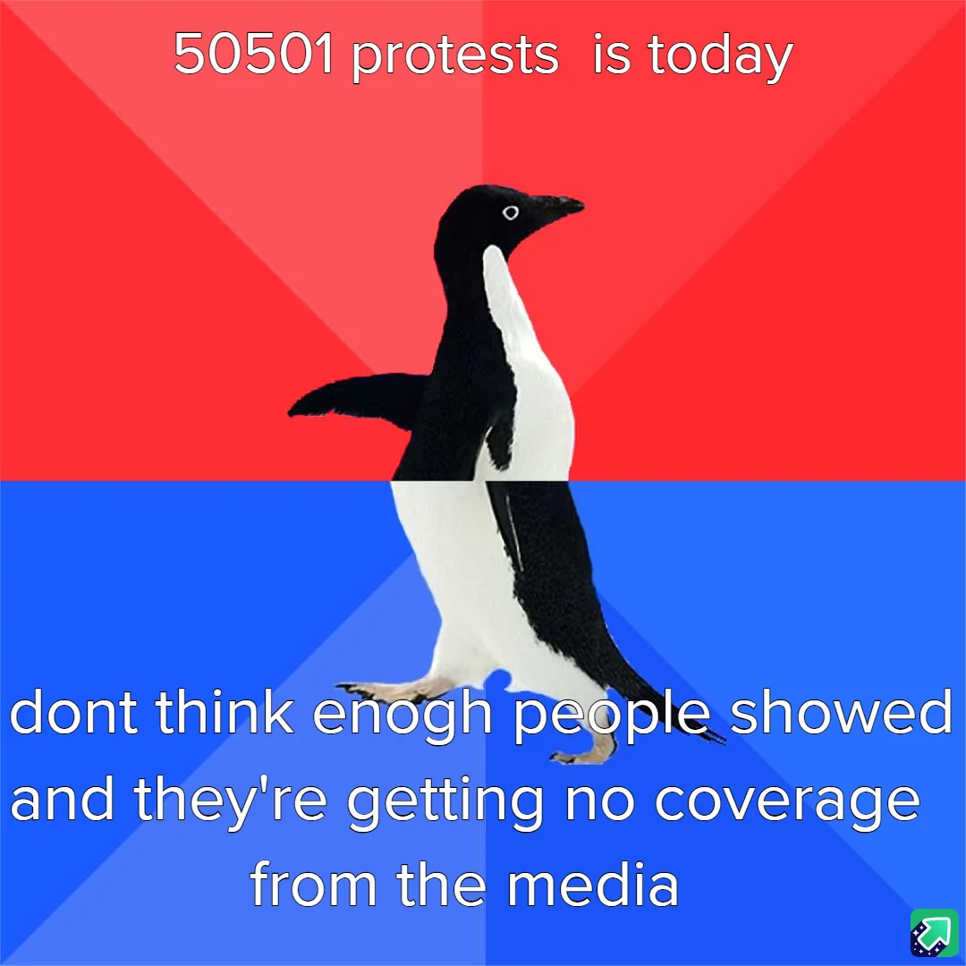 A penguin stands centered against a red and blue background, with white text overlaid in two sections. The top text reads…