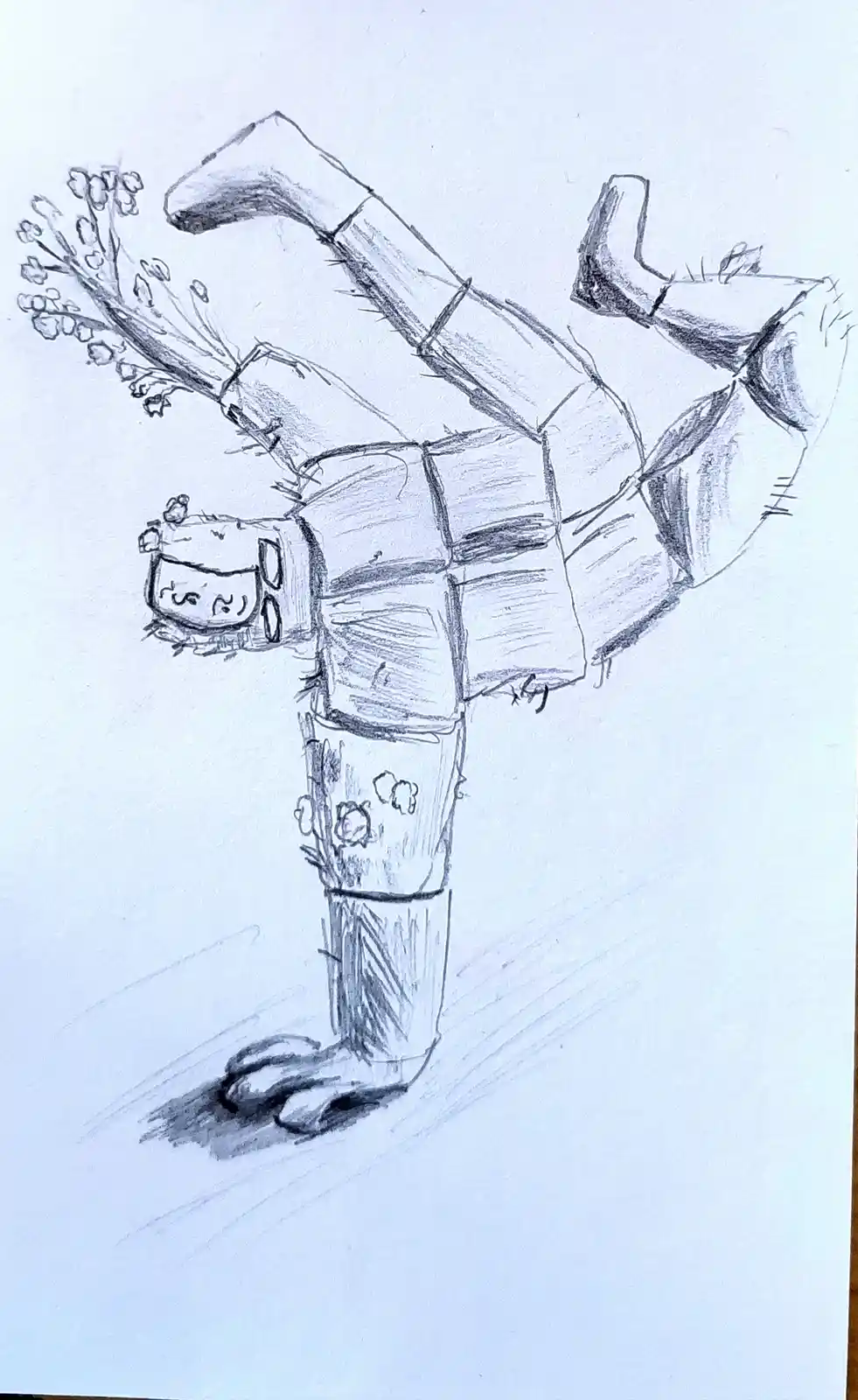 A pencil sketch depicts a humanoid robot performing a handstand, with its head and upper torso inverted. The robot's head is…