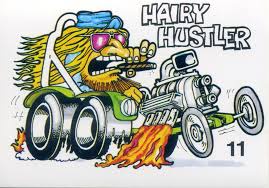 A cartoon illustration of a green dragster with a large, hairy, anthropomorphic driver wearing sunglasses and a blue cap…