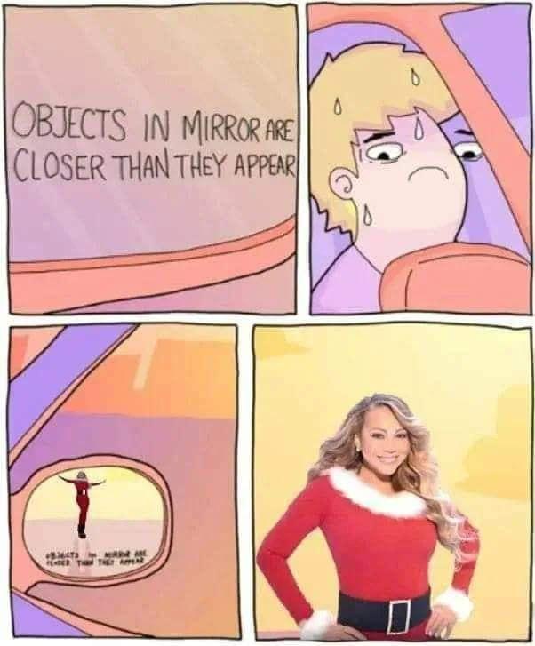 A four-panel comic strip shows a driver looking worriedly at a car side mirror, which reflects a tiny image of Mariah Carey…