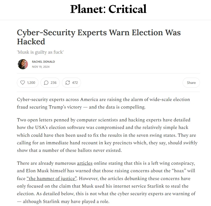 A screenshot of a fake news article titled 'Cyber-Security Experts Warn Election Was Hacked' from a site called 'Planet…