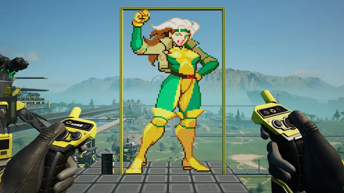 A first-person view from a video game shows a player holding two yellow controllers, facing a large framed pixel art…