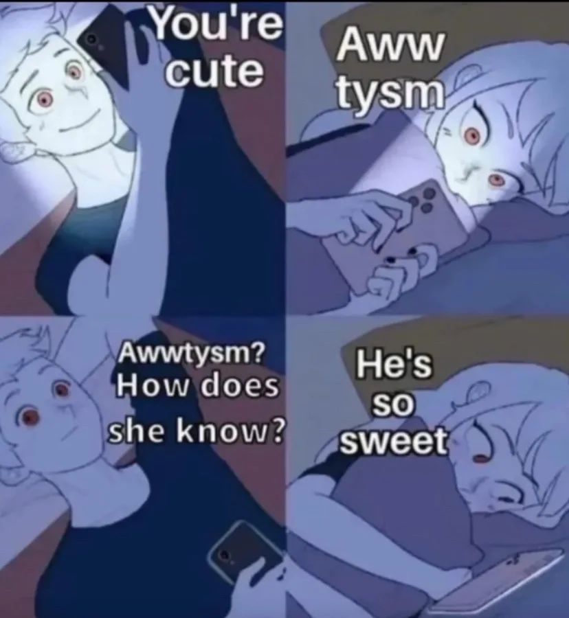 A four-panel anime-style comic showing a person sending a compliment 'You're cute' via phone, receiving a reply 'Aww tysm'…