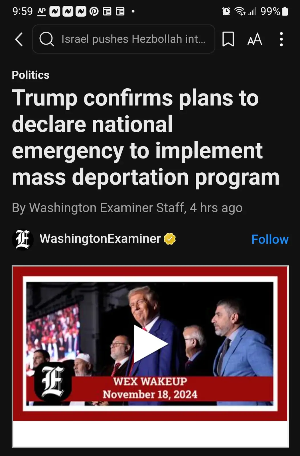 A screenshot of a fake news article from the Washington Examiner dated November 18, 2024, with a headline claiming Trump…