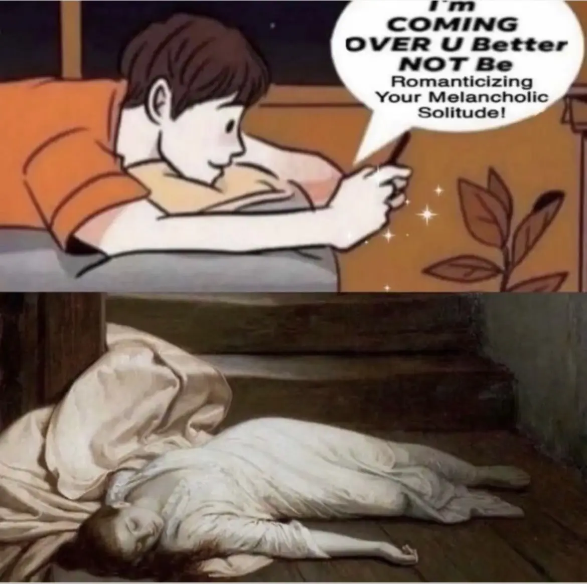 The top panel shows a cartoon boy lying on his stomach, looking at his phone with a speech bubble saying 'I'm COMING OVER U…