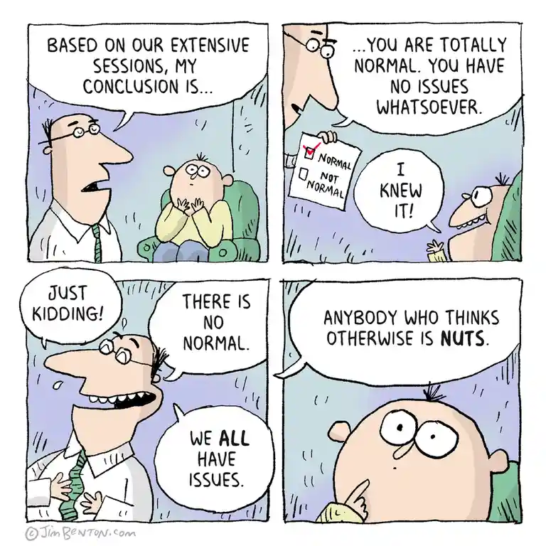 A four-panel comic strip shows a therapist telling a patient they are 'totally normal' after checking a box on a form…