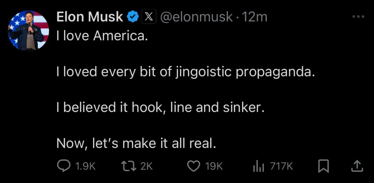 A screenshot of a tweet from Elon Musk's verified X account, showing his profile picture with him holding a microphone in…