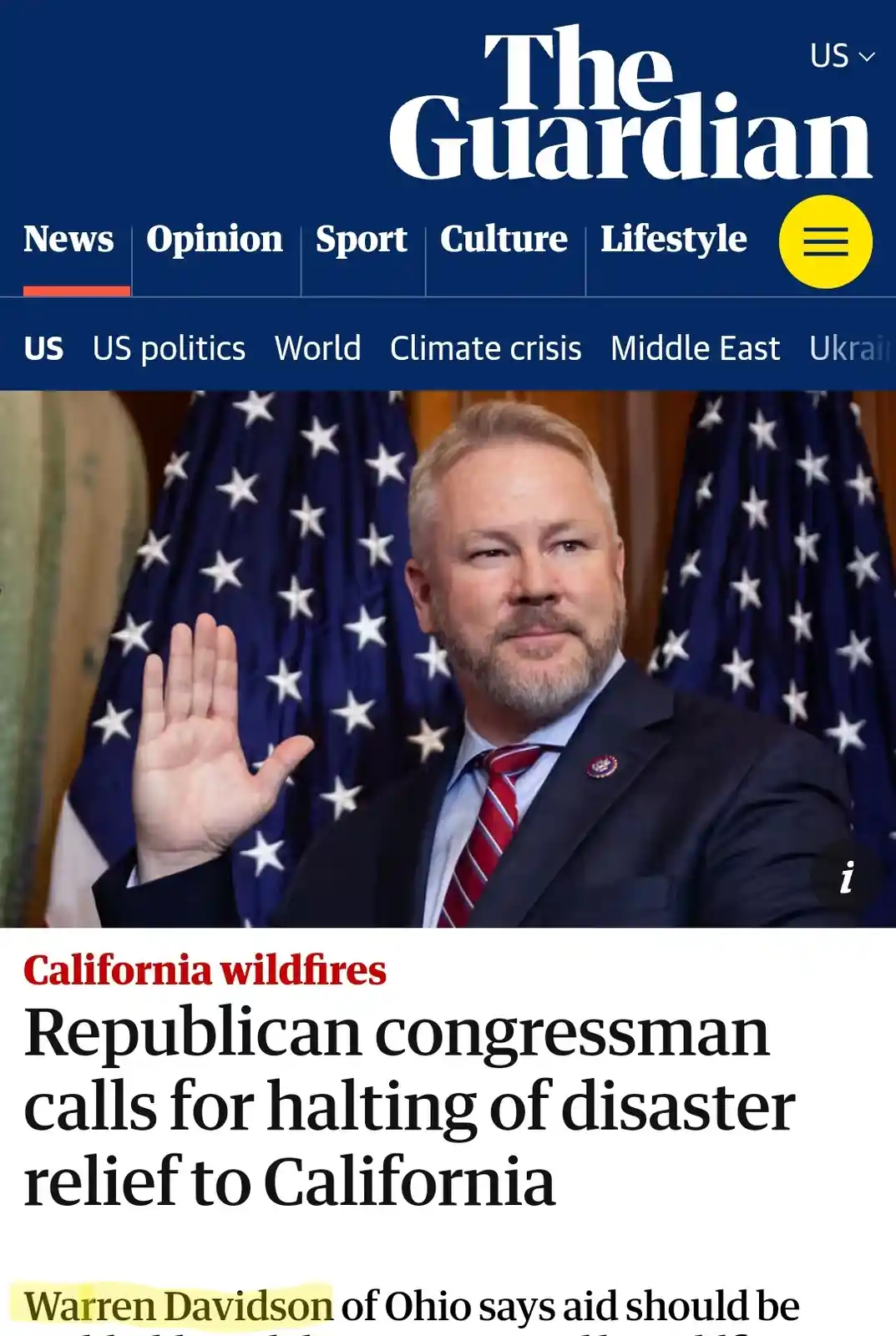 The image shows a screenshot of The Guardian's news website featuring a photo of a man in a suit and tie raising his right…