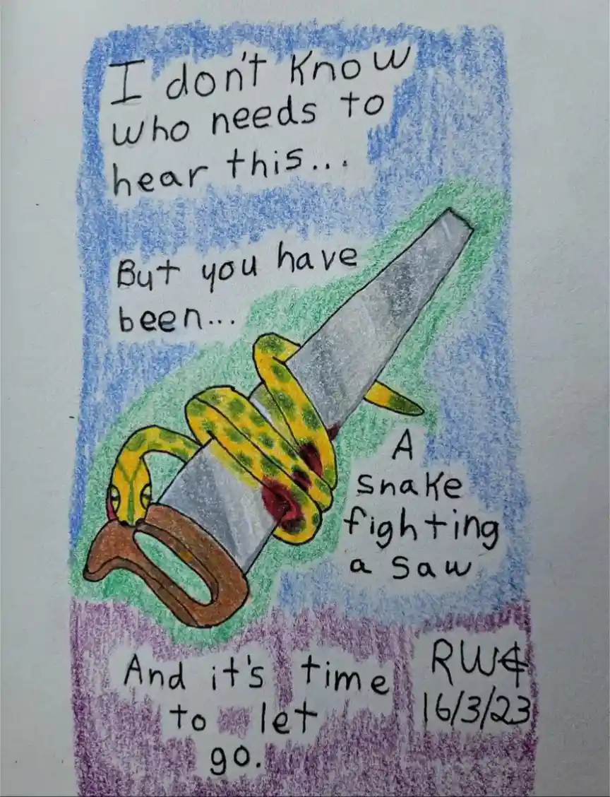 A hand-drawn, colored pencil image shows a yellow-green snake coiled around a hand saw, with red marks suggesting blood. The…