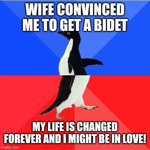 A penguin walks across a blue and red background, with bold white text at the top reading 'WIFE CONVINCED ME TO GET A BIDET'…