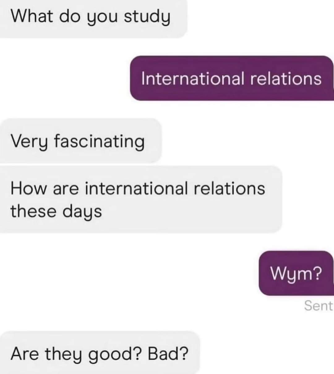 A screenshot of a text conversation where one person asks what the other studies, they reply 'International relations', the…