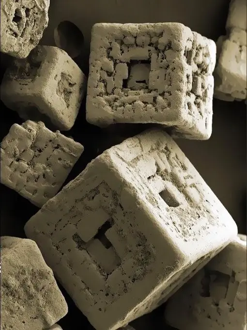 The image shows a pile of weathered, crumbling concrete blocks with rough, eroded surfaces and visible holes. Overlaid text…