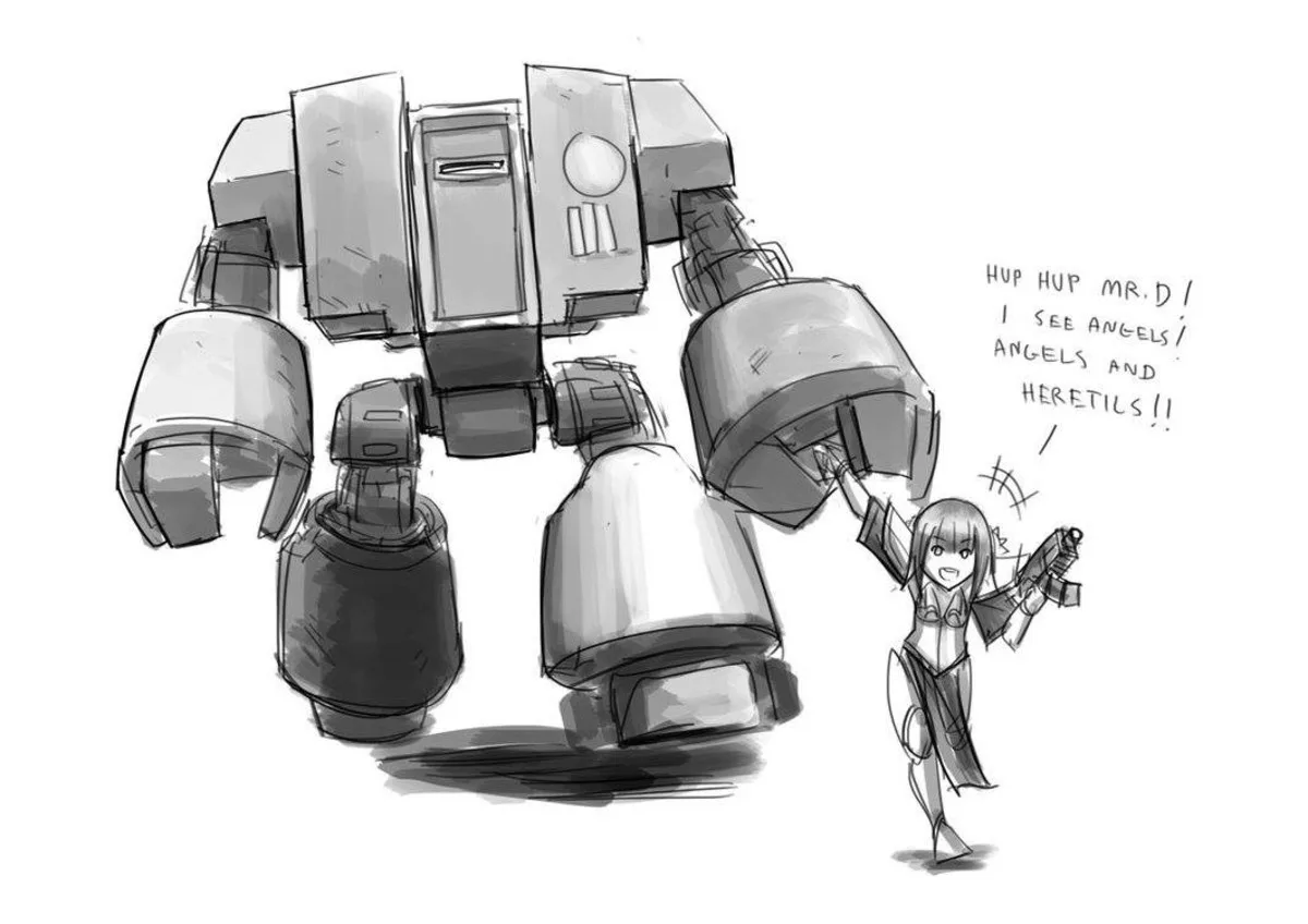 A black-and-white sketch shows a tiny anime-style girl with a gun cheerfully grabbing a giant robot's hand. She has a speech…