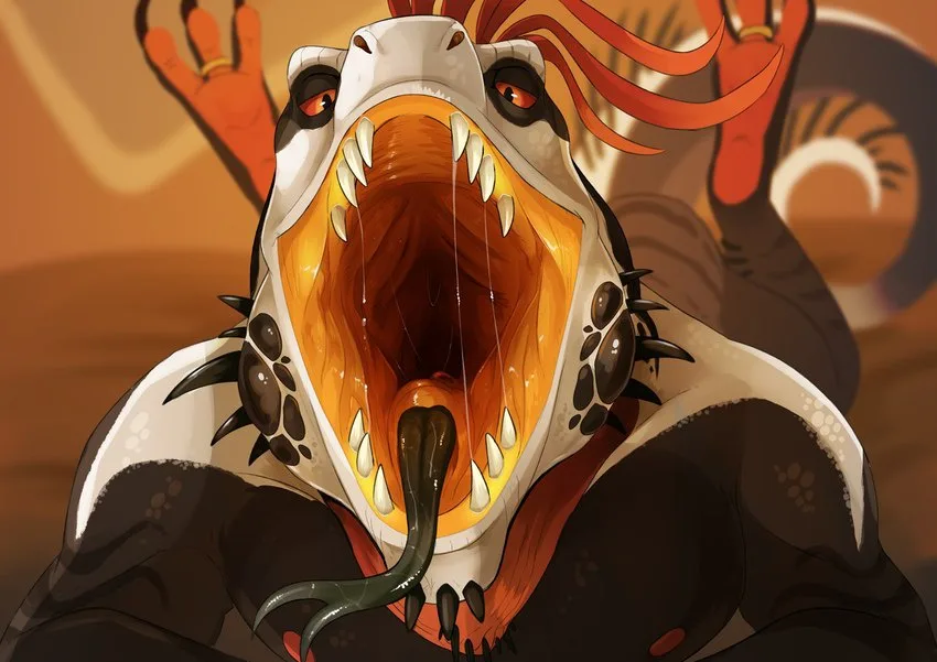 An anime-style illustration of a large, anthropomorphic snake with a wide-open mouth showing sharp teeth and a long forked…