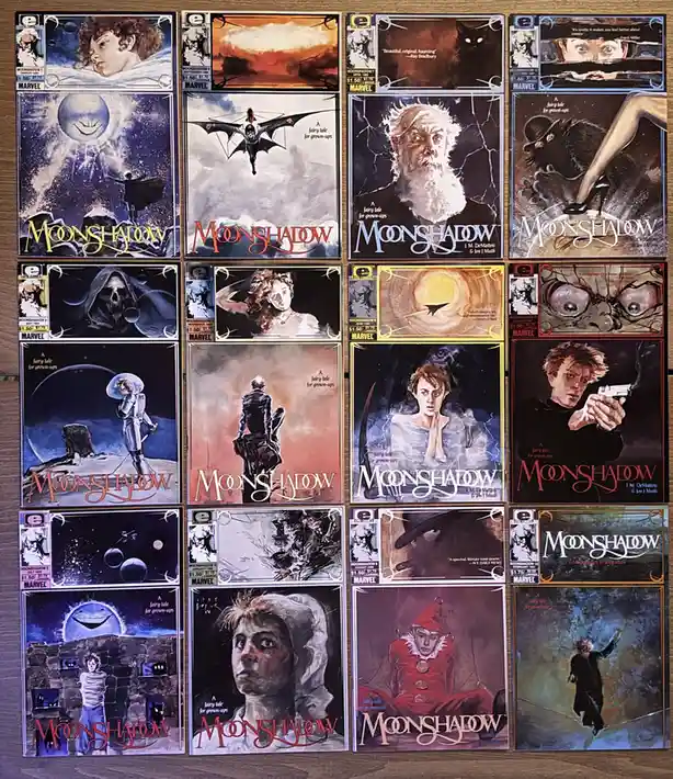 A grid of 16 vintage comic book covers for 'Moonshadow' from Epic Comics, arranged on a wooden surface. Each cover features…