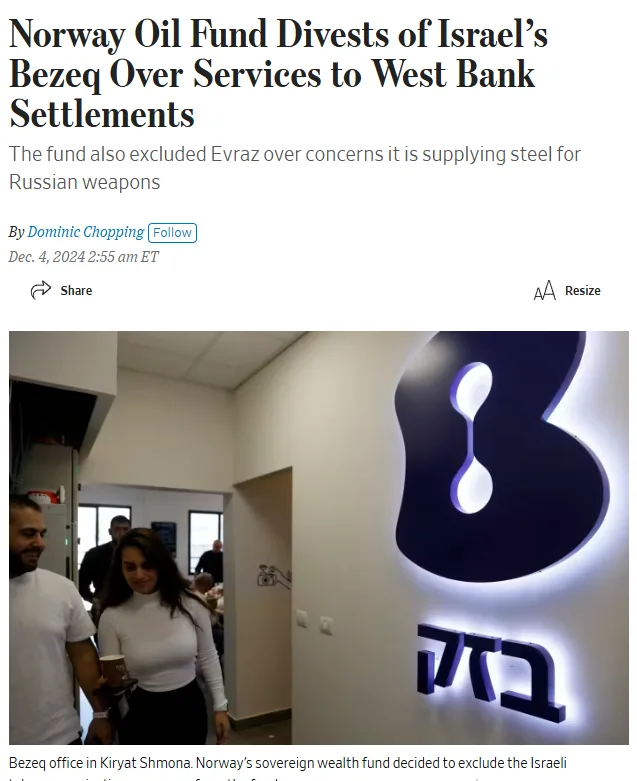 A news article screenshot shows a headline about Norway's sovereign wealth fund divesting from Israel's Bezeq due to its…