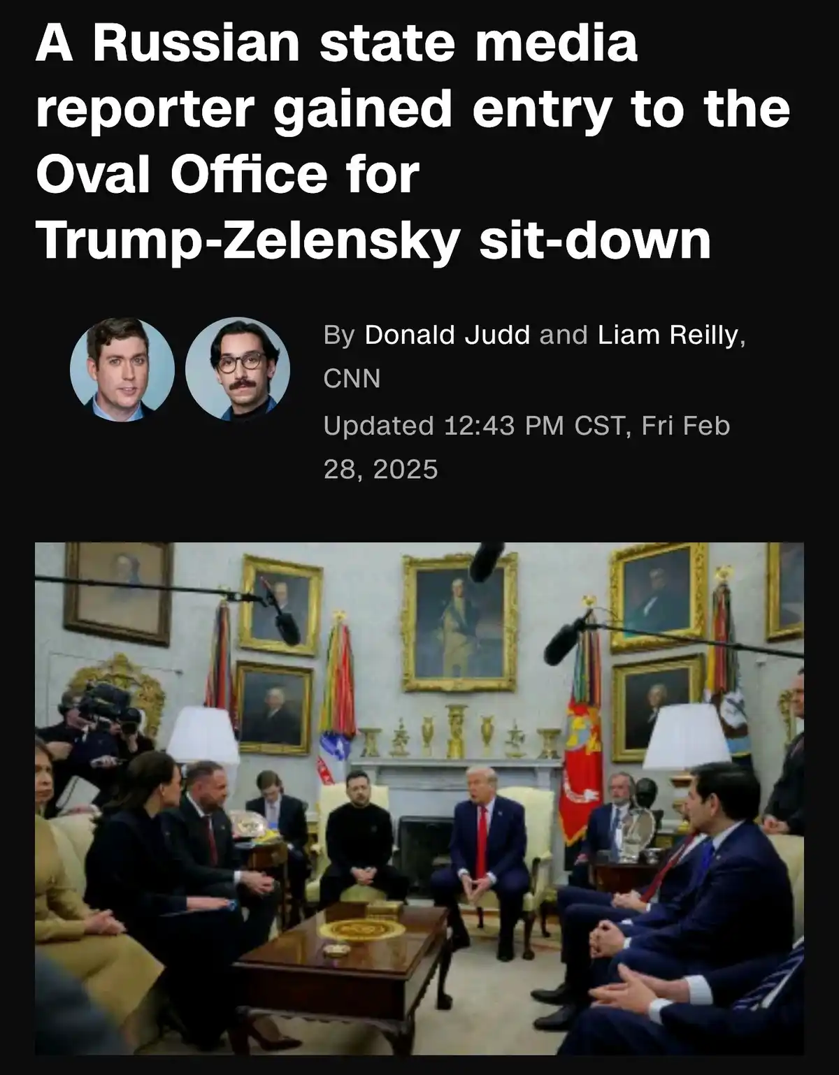 The image displays a news article header with the headline 'A Russian state media reporter gained entry to the Oval Office…