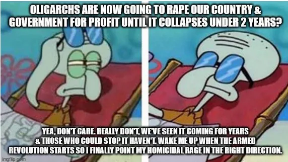 The image is a two-panel meme featuring Squidward from SpongeBob SquarePants. In the left panel, he looks weary and resigned…