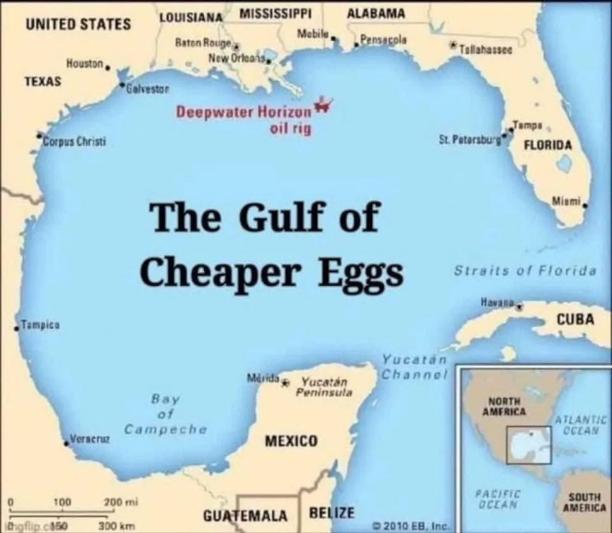 A map of the Gulf of Mexico with the title 'The Gulf of Cheaper Eggs' overlaid in large black text. The map shows the U.S…