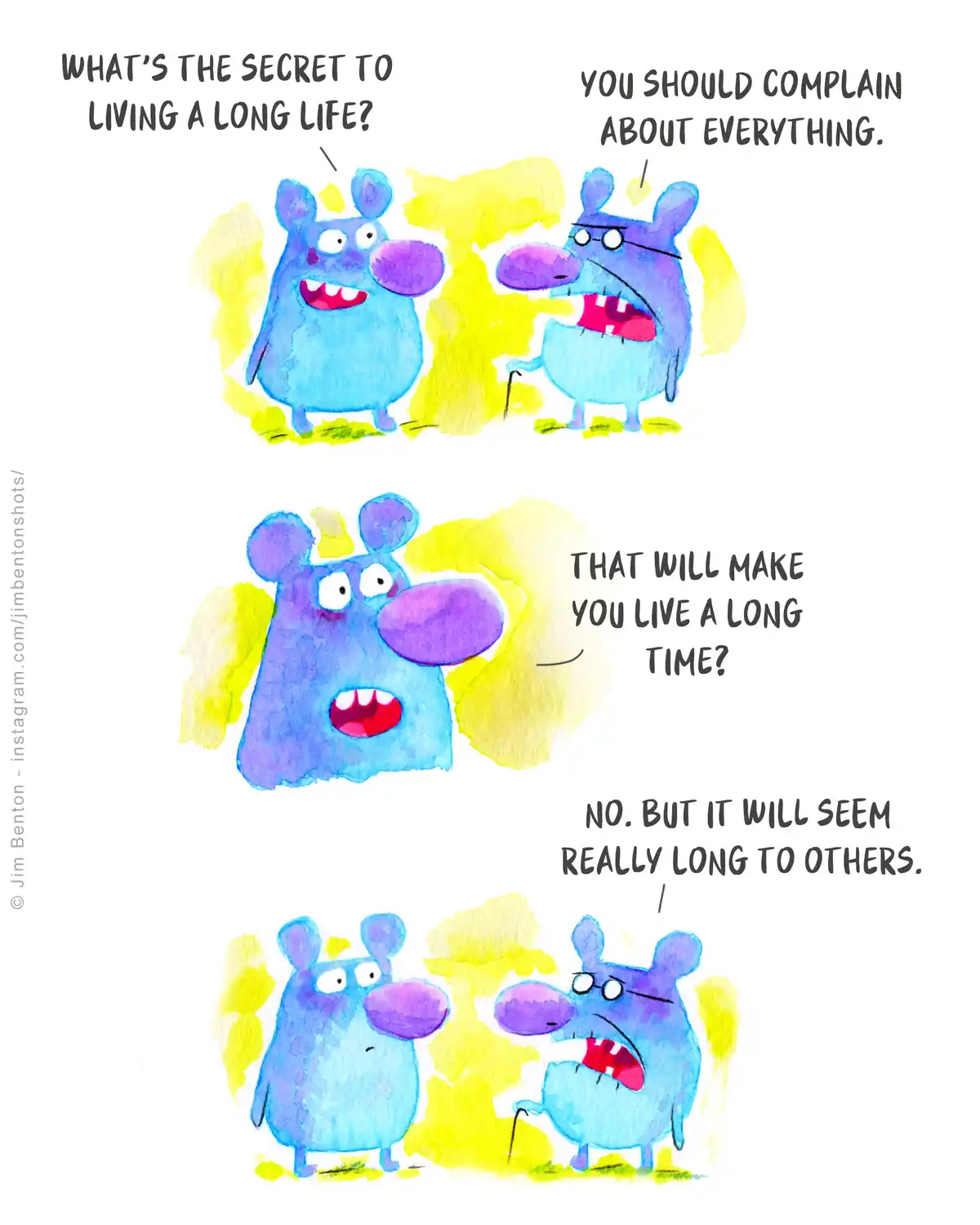A three-panel watercolor comic featuring two blue cartoon creatures with purple noses. In the first panel, one asks the…
