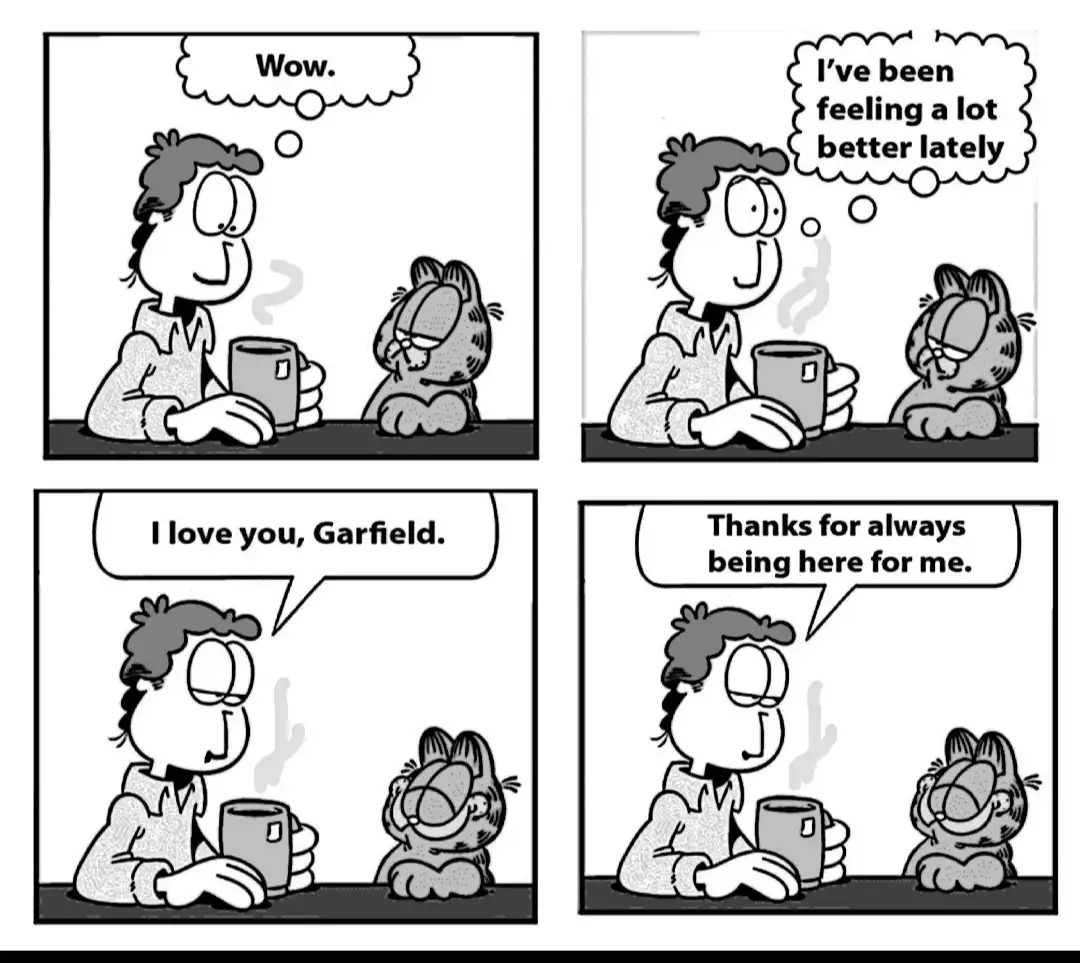 A four-panel Garfield comic strip shows Jon and Garfield sitting at a table with mugs. Jon expresses surprise, then says…