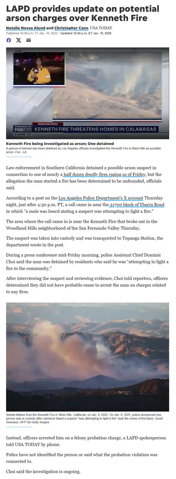 A screenshot of a USA TODAY news article about the Kenneth Fire in California, showing a news broadcast with a reporter and…