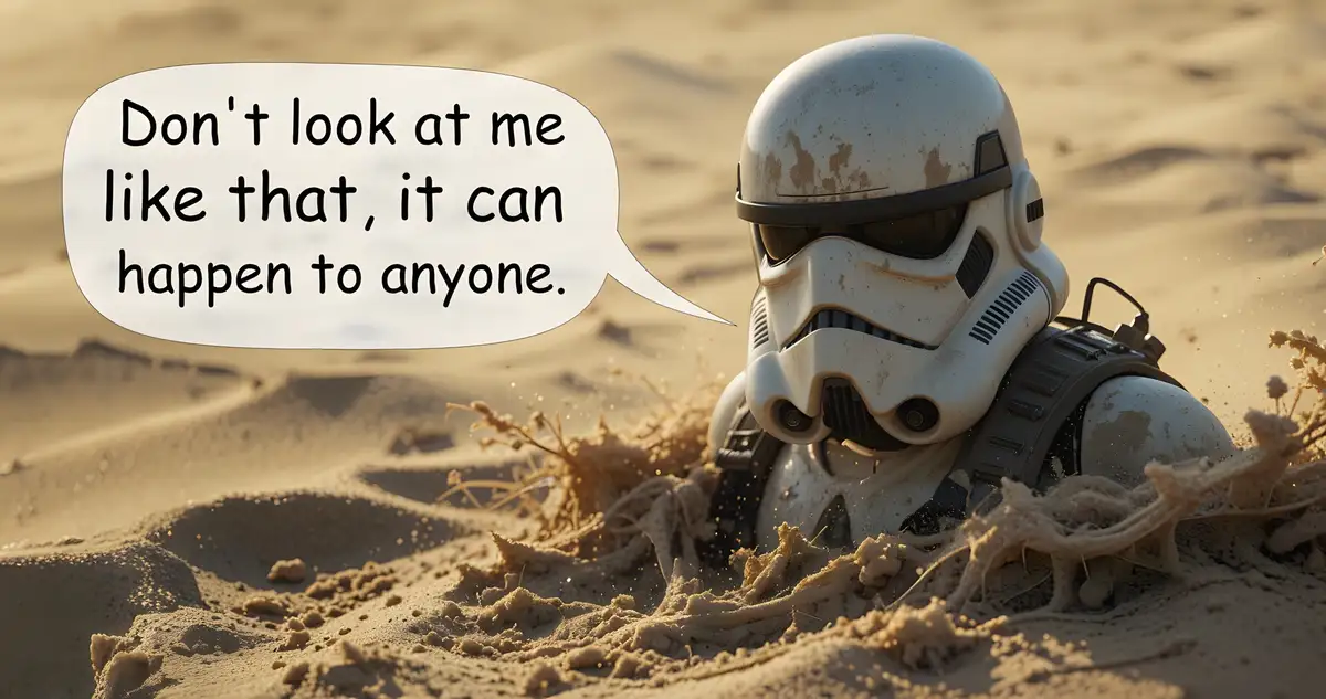 A stormtrooper helmet and upper torso are partially buried in sand, with a speech bubble saying 'Don't look at me like that…