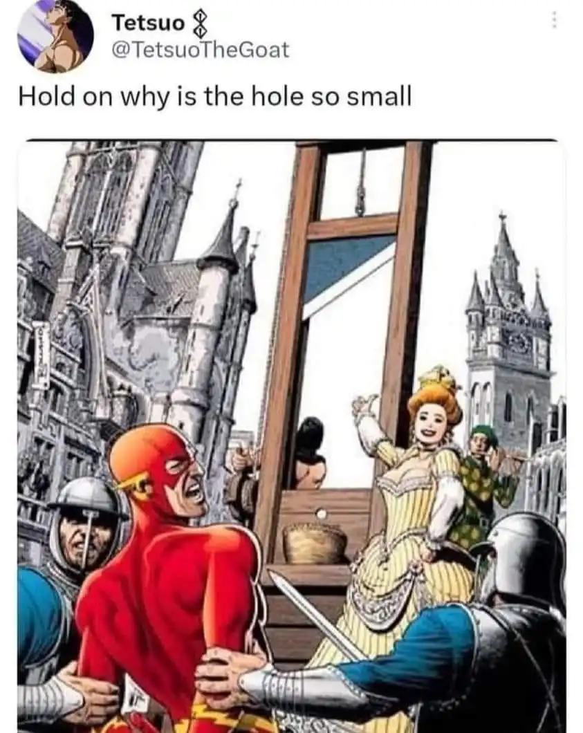A comic-style illustration shows The Flash, in his red suit, being held by two armored guards as he faces a guillotine…
