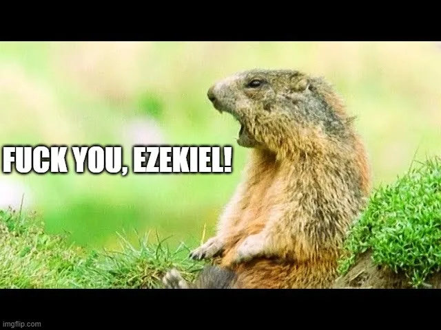 A close-up photo of a marmot sitting upright on a grassy hillside, mouth wide open as if yelling. The image has bold white…