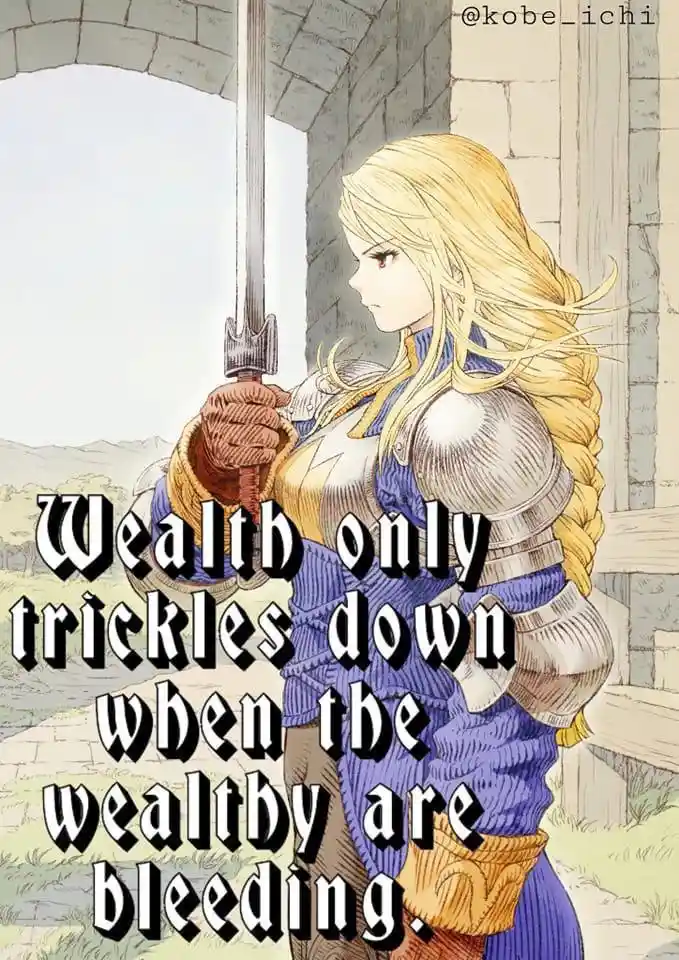 A blonde anime-style female knight in blue and silver armor stands in a stone archway, holding a sword upright. Large white…