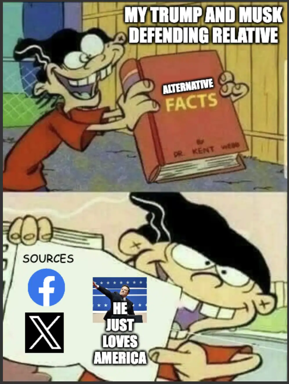 A two-panel cartoon meme featuring a character holding a book titled 'Alternative Facts by Dr. Kent Webb' in the top panel…