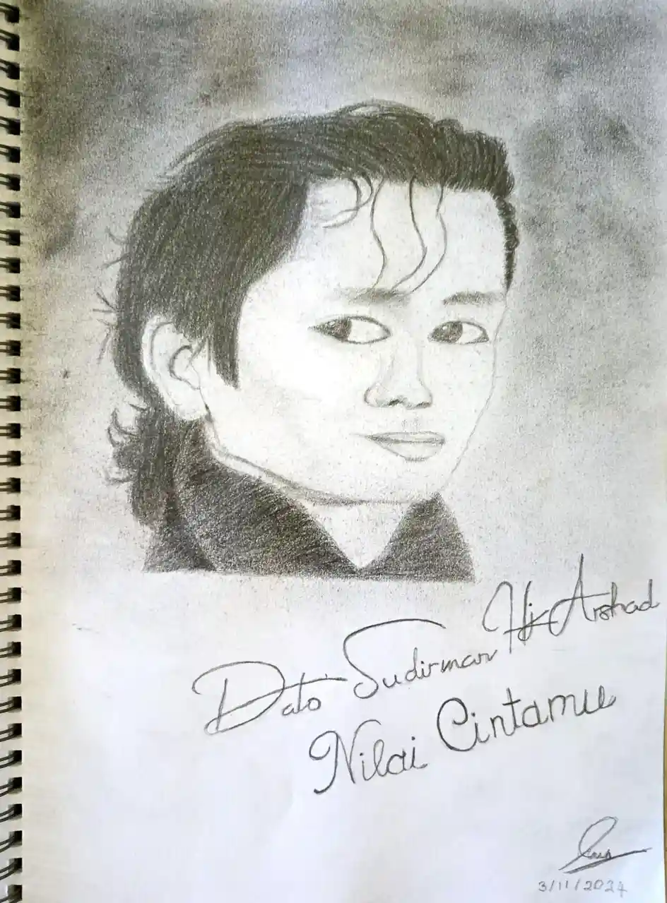 A pencil sketch of a man with wavy hair and a slight smile, drawn in a spiral-bound notebook. Below the portrait…