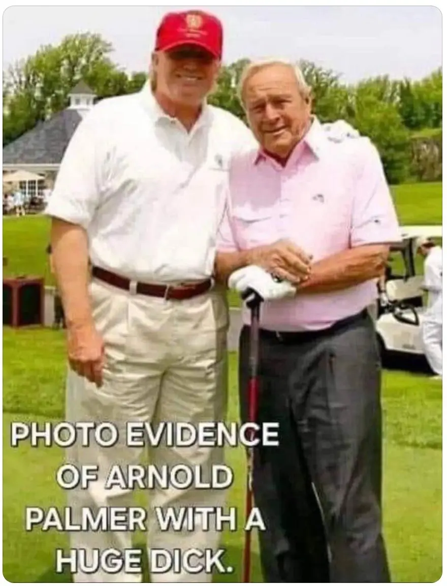Two men are posing together on a golf course; the man on the left wears a red cap and white shirt, while the man on the…