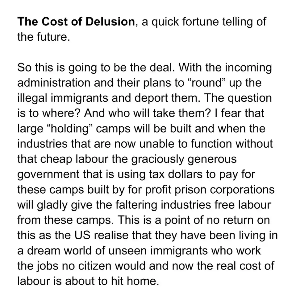 The image is a plain white background with black text that reads 'The Cost of Delusion, a quick fortune telling of the…