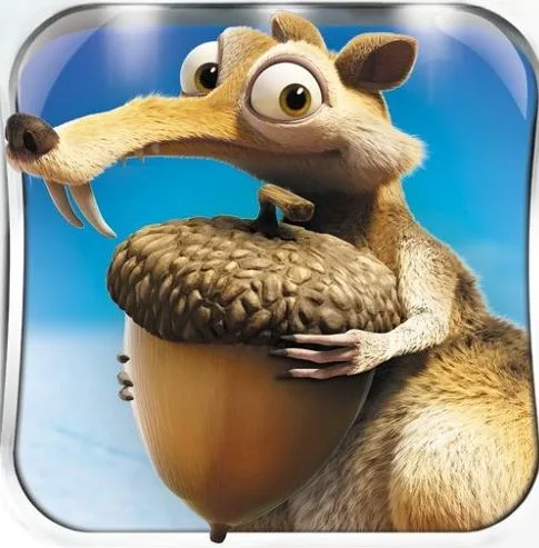 A cartoon squirrel with large eyes and prominent front teeth is holding a giant acorn with both hands. The squirrel has a…