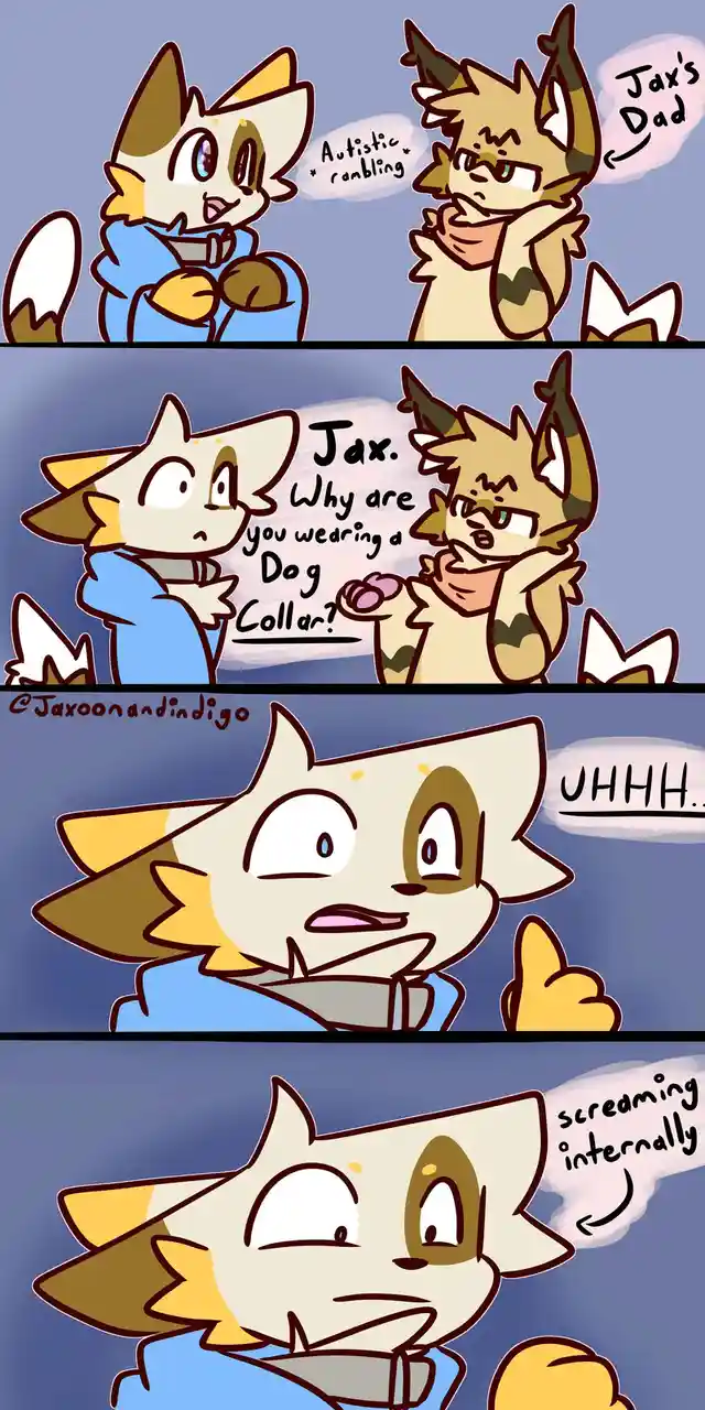 A four-panel comic shows a cat-like character named Jax, wearing a dog collar, being questioned by his dad. The dad, labeled…