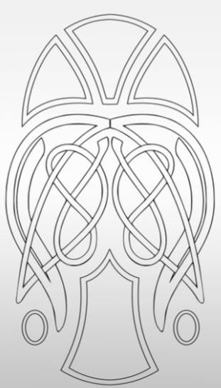 a black-and-white line drawing of a celtic cross featuring interwoven knot patterns, circular motifs at the bottom, and a…