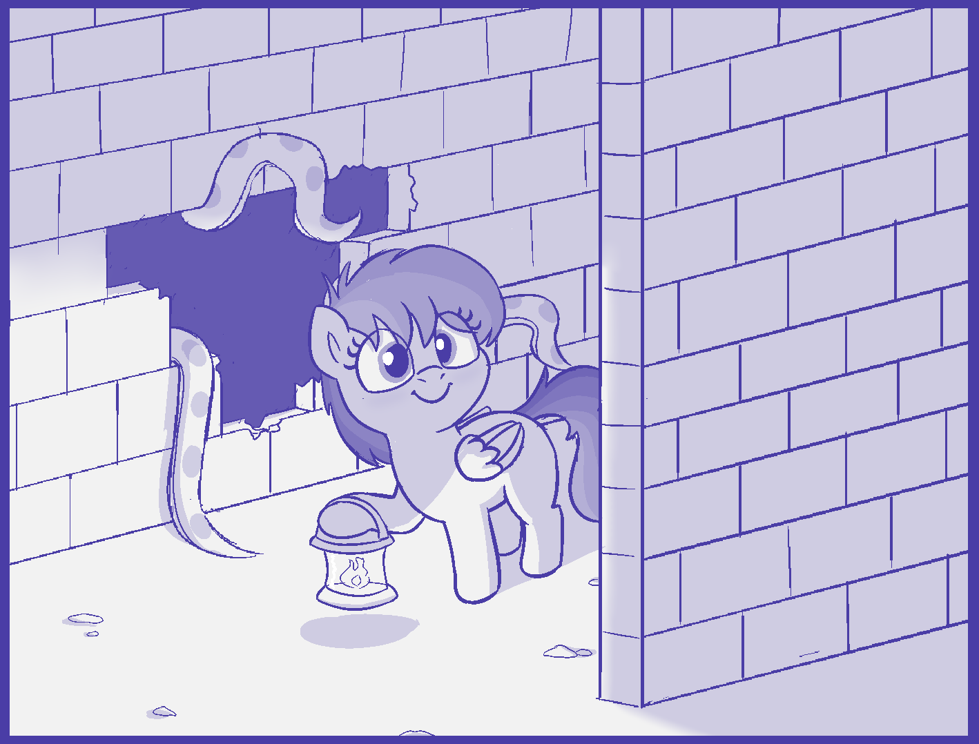 A purple cartoon pony with a smiling face stands in a dimly lit brick room, holding a lantern. Behind her, a large, dark…