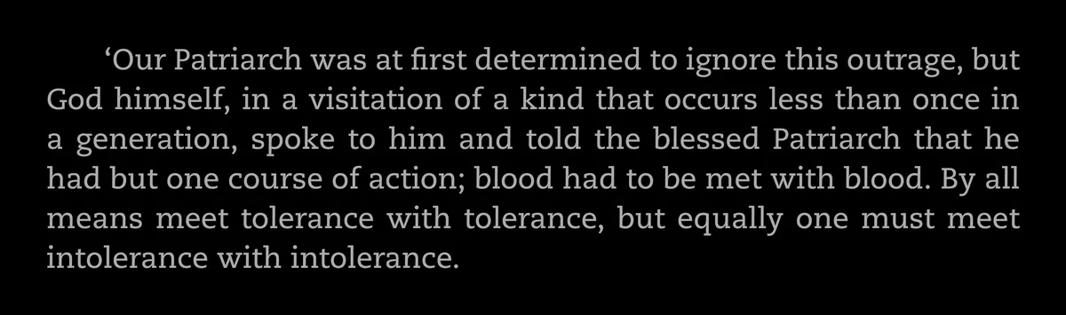 The image displays a black background with white serif text quoting a passage about a patriarch being told by God that…