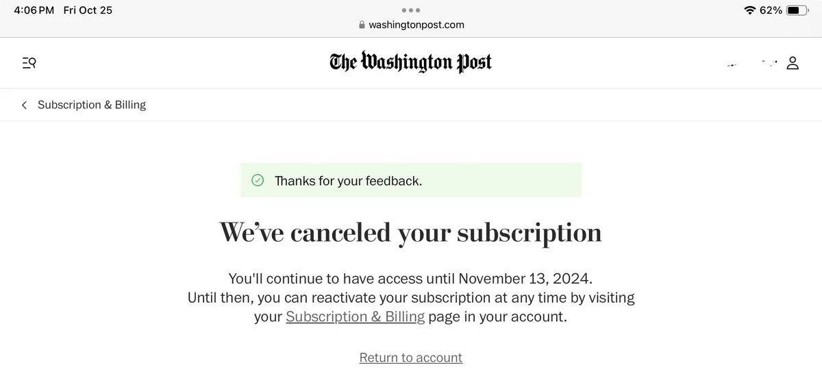 A screenshot of a Washington Post webpage showing a subscription cancellation confirmation. The page displays a green…