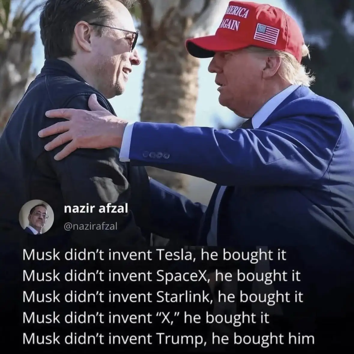 Two men are shown in a close, friendly pose; one wears a red 'Make America Great Again' cap and has his arm around the…