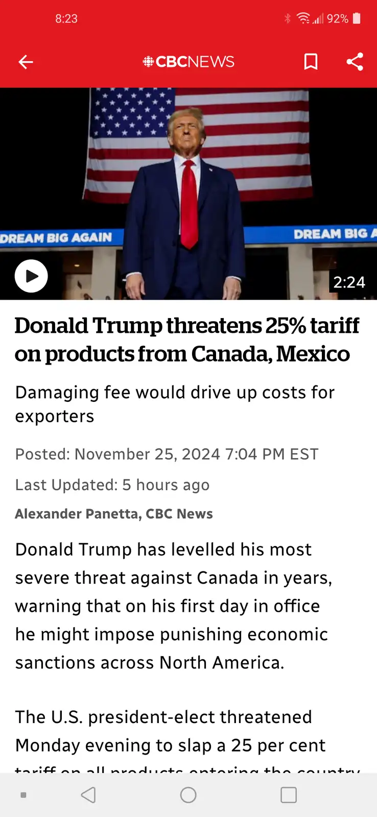 A screenshot of a CBC News article shows Donald Trump standing in front of an American flag, wearing a dark suit and red…