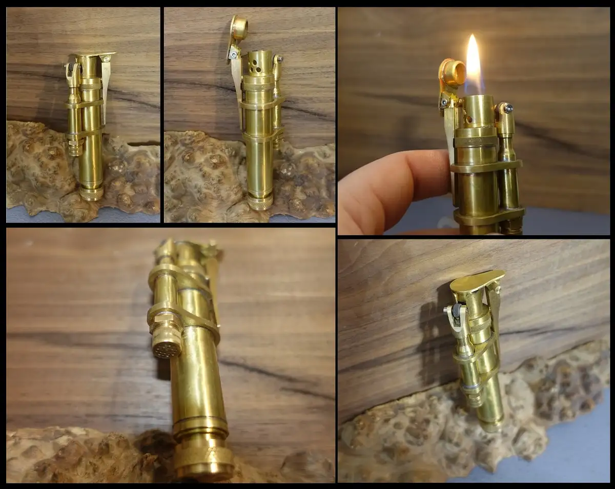 a five-panel collage shows a brass lighter designed to resemble a miniature cannon, displayed on a wooden surface with a…