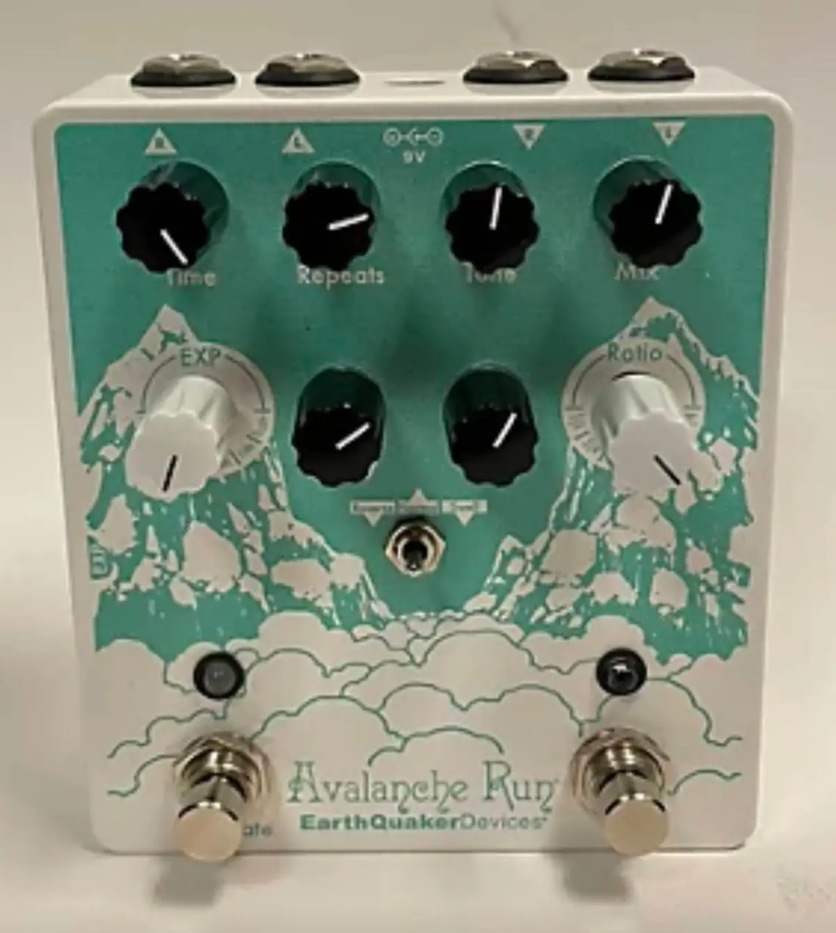A close-up of a white and teal guitar effects pedal labeled 'Avalanche Run' by EarthQuakerDevices, featuring a mountain and…