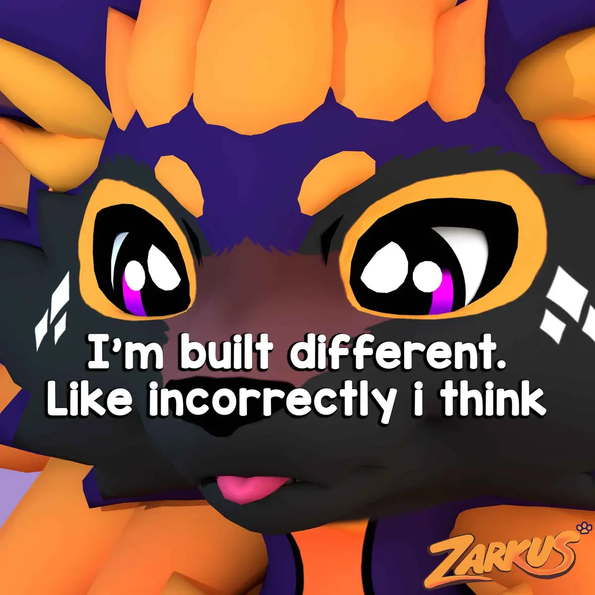 A close-up of a stylized cartoon character with black fur, orange accents, and purple eyes, looking directly at the viewer…