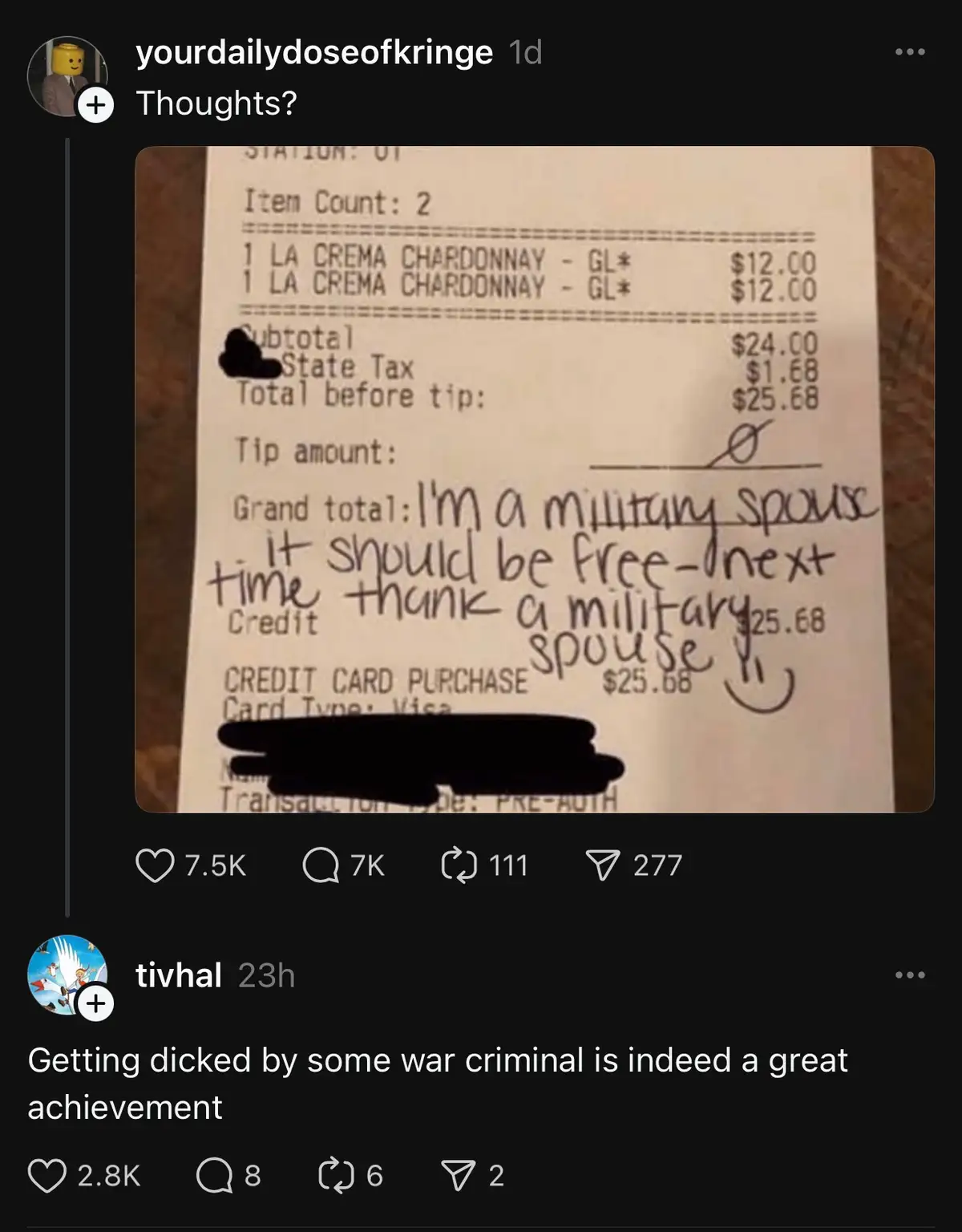 A restaurant receipt shows two drinks totaling $25.68, with handwritten text on the 'Grand total' line stating 'I'm a…