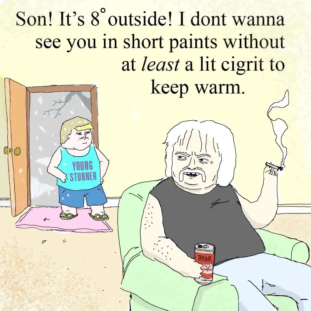 A cartoon depicts a young man in shorts and a 'YOUNG STUNNER' tank top standing in a snowy doorway, while an older man with…