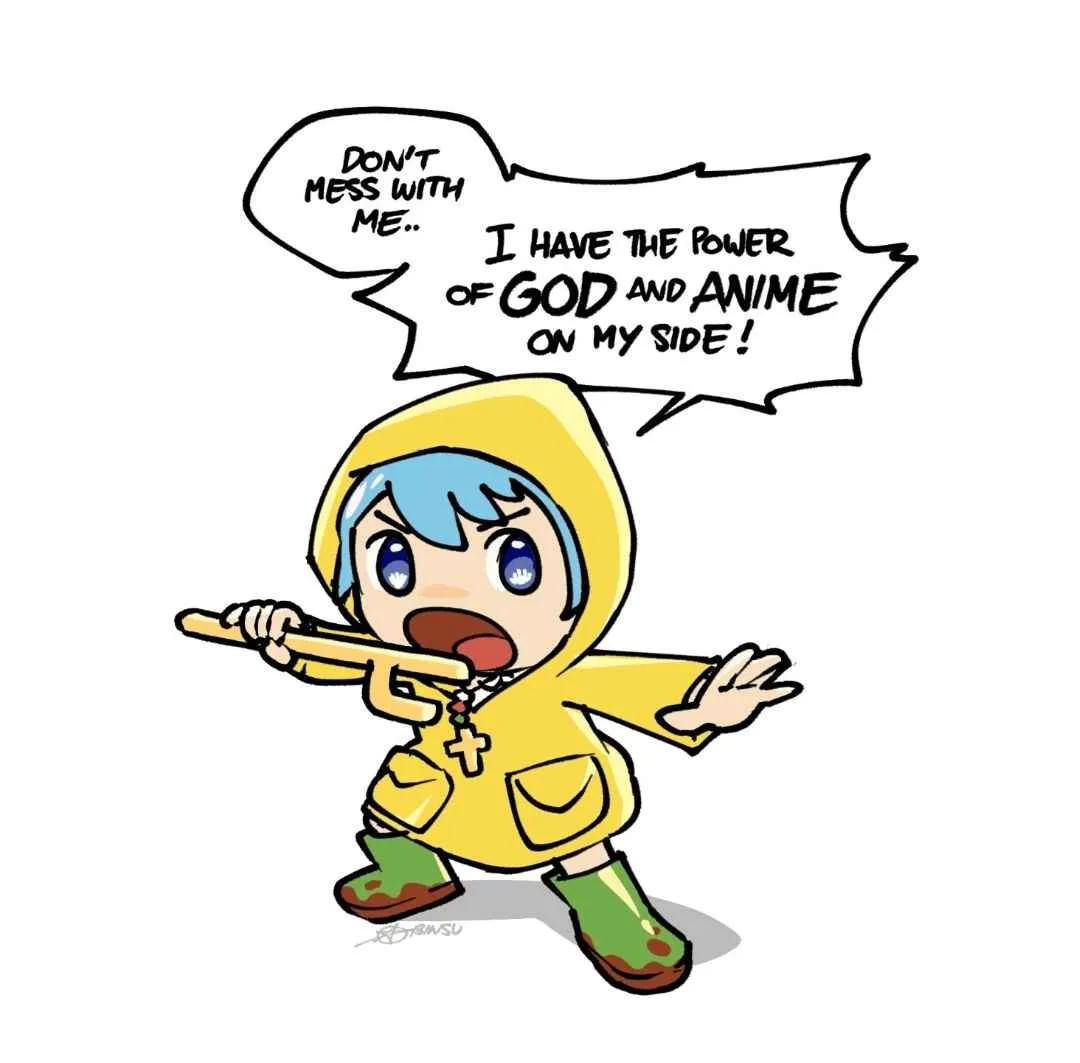 A cartoon character with blue hair and a yellow raincoat holds a wooden crossbow while shouting a defiant message. The text…